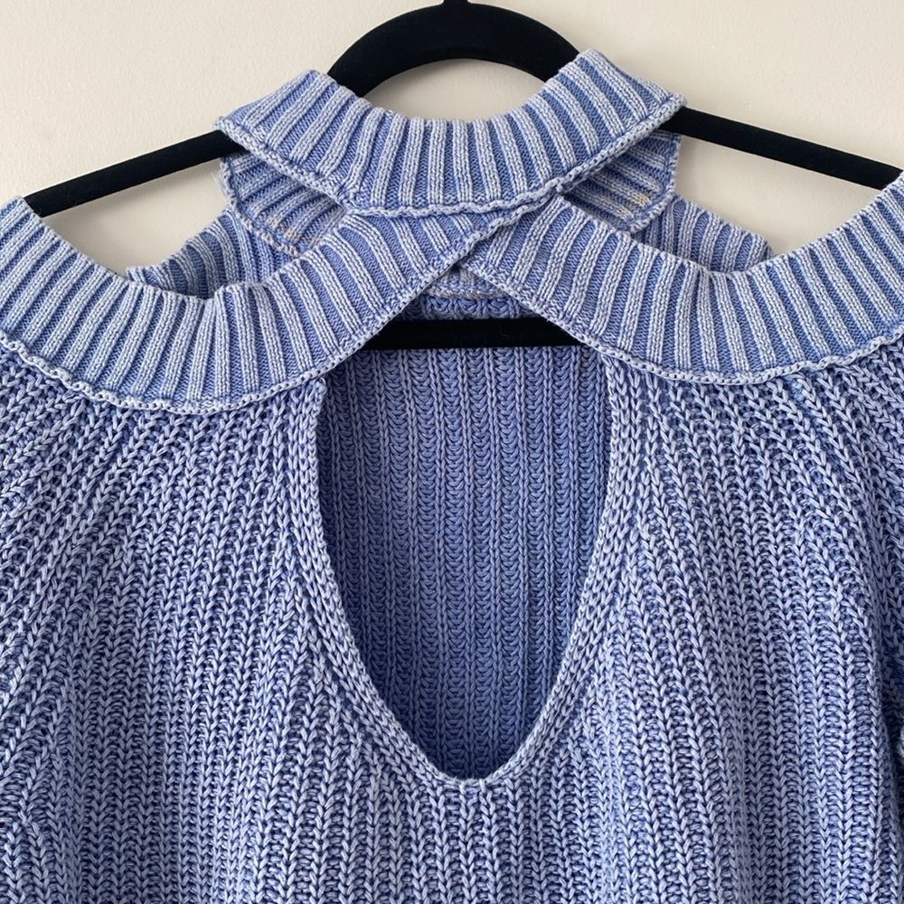 Free People Blue Oversized Slouchy Off-the-Shoulder Cotton Sweater XS Open Back - Picture 4 of 11